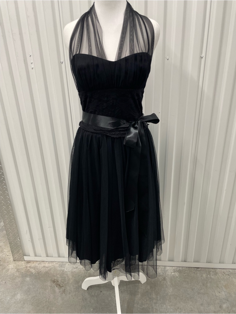 Vintage Fredericks Of Hollywood Black Chiffon Halter Midi Lace Dress 8 Glam Prom